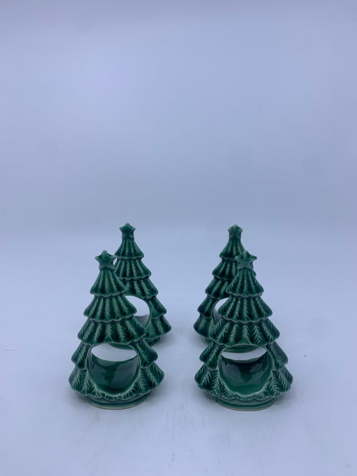 4 CERAMIC GREEN CHRISTMAS TREE NAPKIN RINGS.