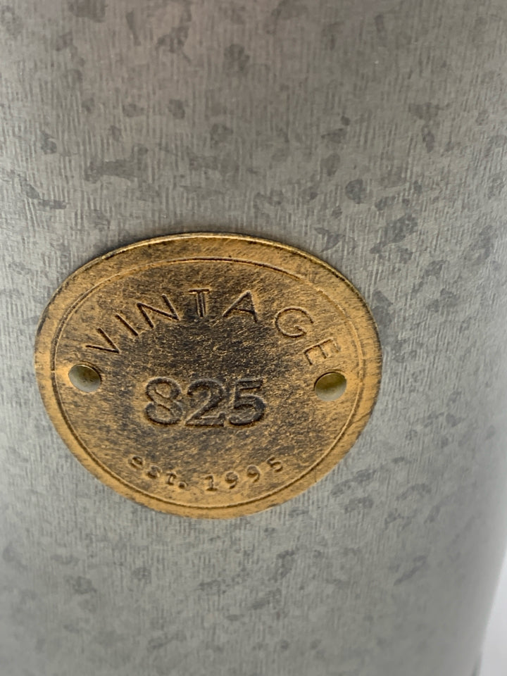 GREY METAL CANISTER W/VINTAGE LABEL AND LID.