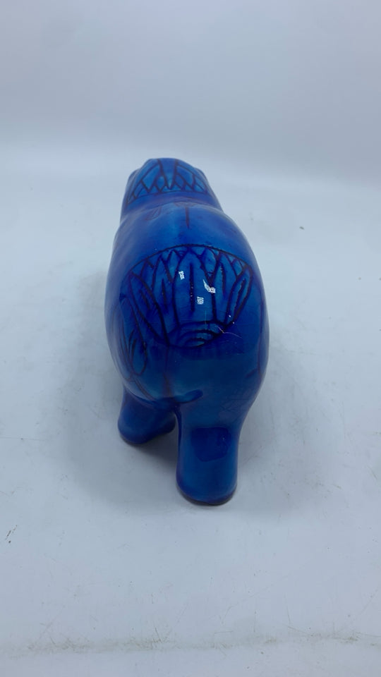 BLUE CERAMIC HIPPO W/SKETCH DESIGNS.