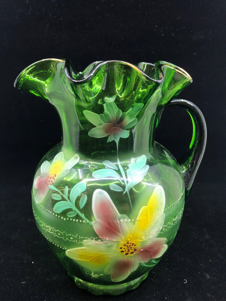VTG GREEN GLASS PITCHER W PINK AND YELLOW FLROAL.