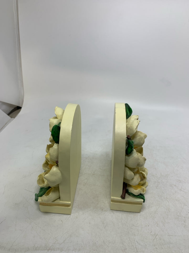 2 HEAVY RESIN ARCHED EMBOSSED YELLOW FLOWERS BOOK ENDS