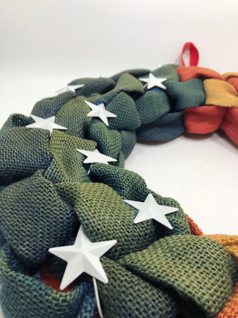 BURLAP RED WHITE AND BLUE PRIMITIVE WREATH.
