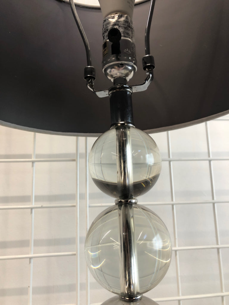 GLASS BALL BASE LAMP W/GREY SHADE.