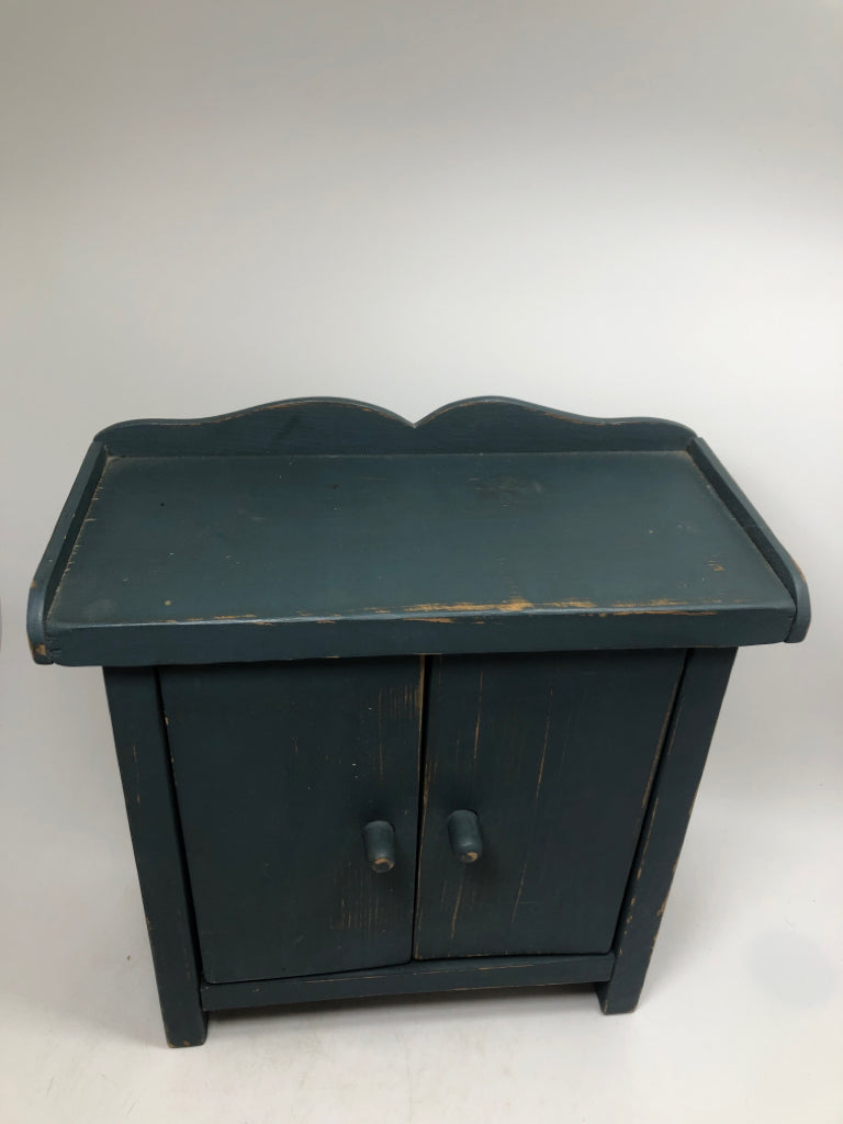 MINI BLUE WOODEN CABINET W/ 2 SHELVES.