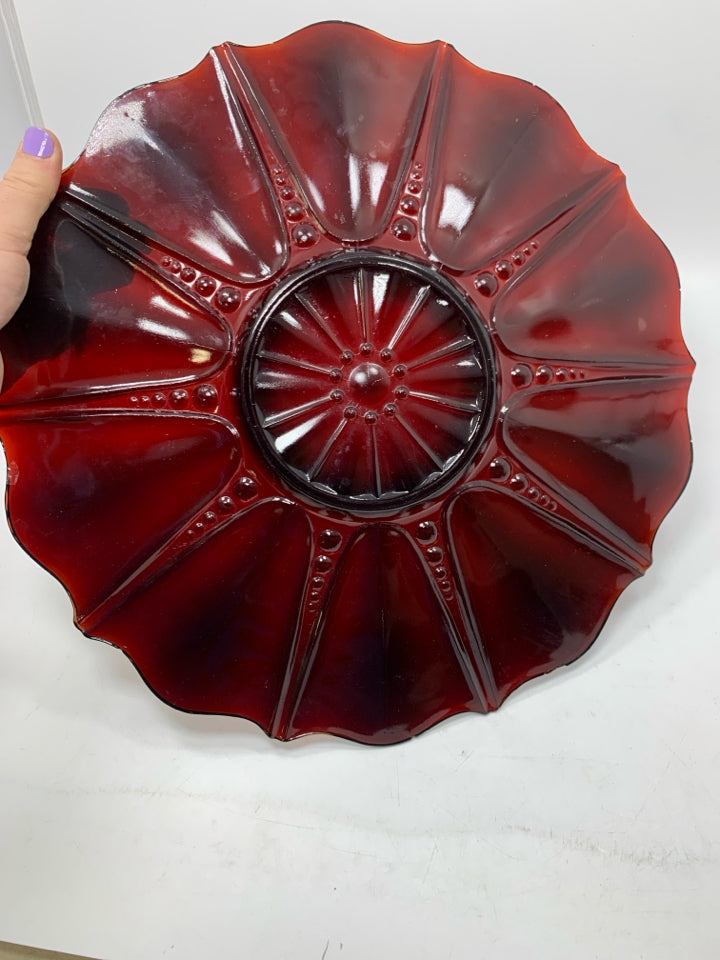 VTG RUBY RED GLASS PLATTER.