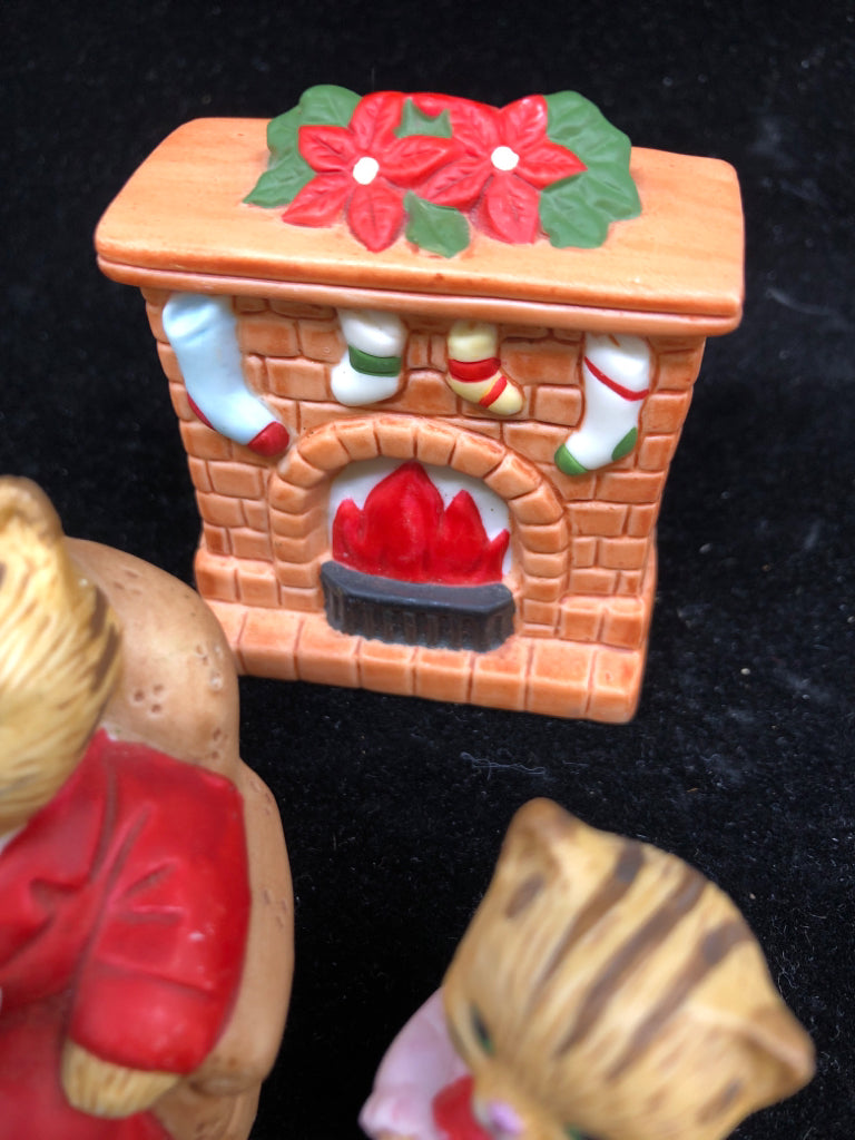 6PC CAT FAMILY, TREE, FIREPLACE CERAMIC FIGURINES.