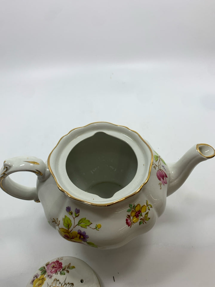 VTG TEAPOT W/ YELLOW/PINK FLOWERS GOLD DETAILS.