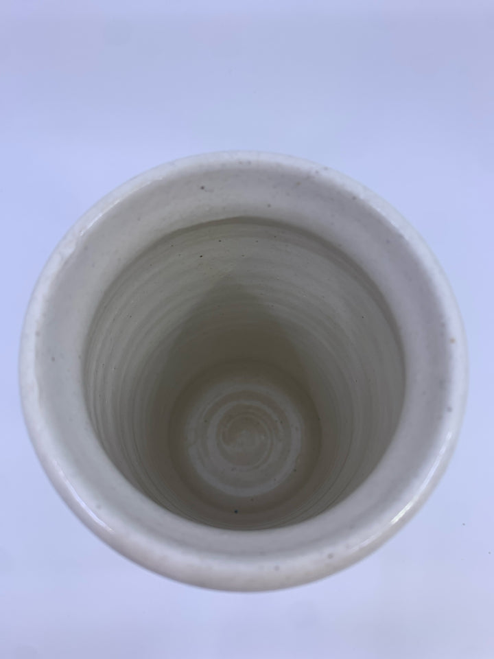 POTTERY STRIPED VASE W PINK FLORAL.
