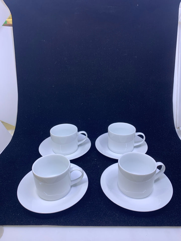 4 WHITE CUPS AND SAUCERS.