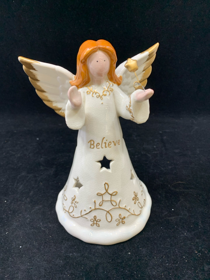 "BELIEVE" GOLD AND WHITE RED HAIRED ANGEL TEA LIGHT HOLDER.