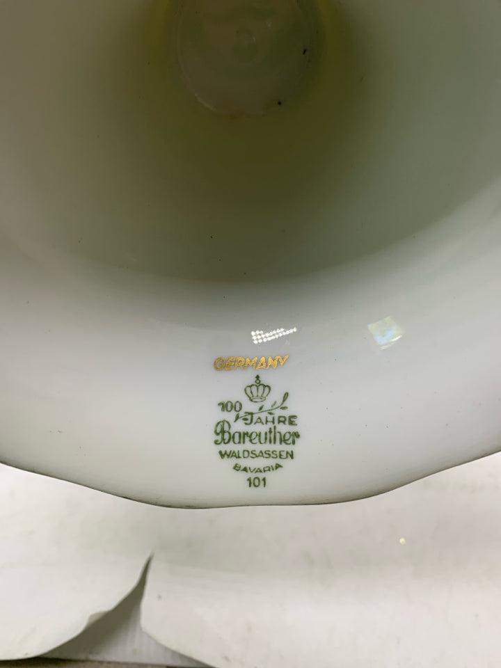 VTG WHITE CAKE STAND W/ GOLD EDGE 100TH ANNIVERSARY.