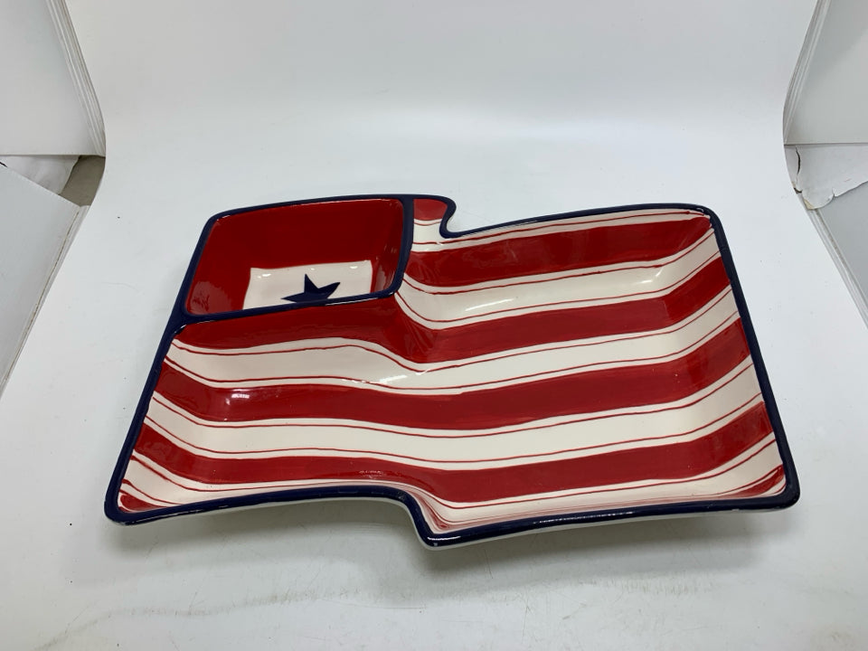 HEAVY FLAG SHAPED PATRIOTIC DIVIDED SERVING DISH.