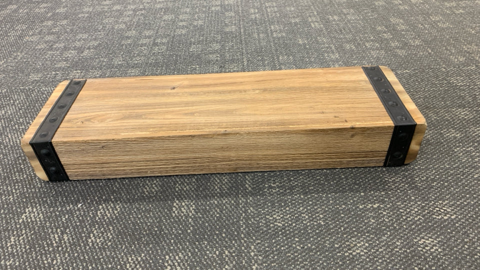 RUSTIC WOOD SHELF W/METAL DETAIL EDGE.
