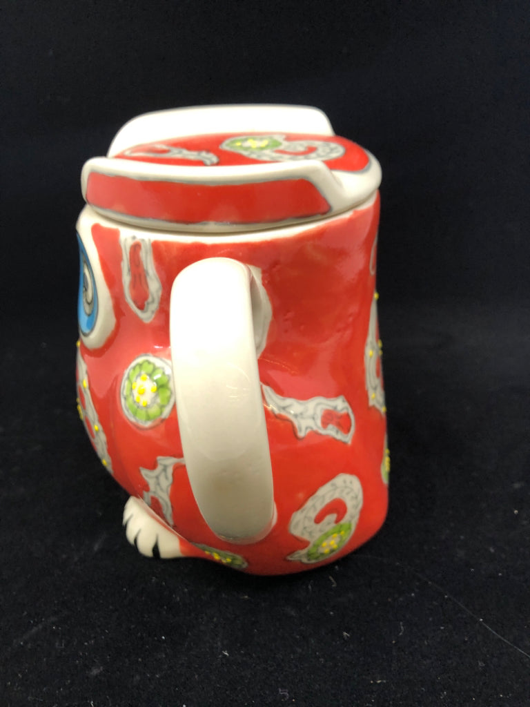 POTTERY RED W/ FLORAL DETAILS OWL TEAPOT.
