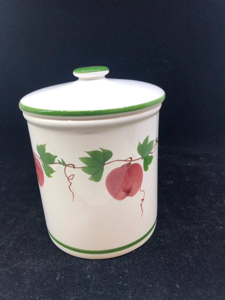 WHITE W/APPLES CERAMIC CANISTER W/LID.