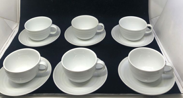 12 PIECE WHITE CUP AND SAUCERS - 6 CUPS AND 6 PLATES.