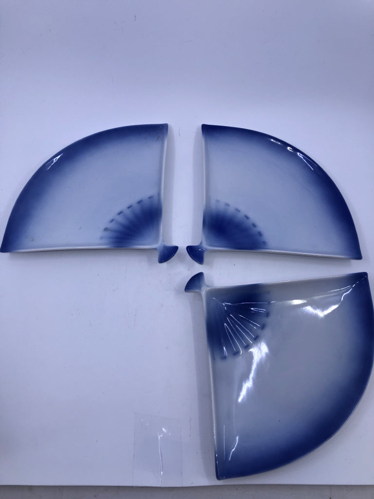 8PC VINTAGE FAN SHAPED APPETIZER SET- WHITE AND BLUE.