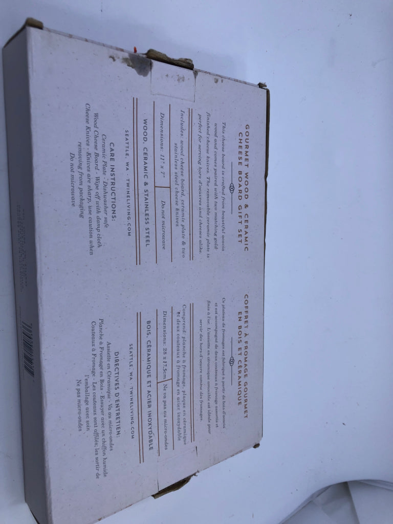 NIB WOOD AND CERAMIC CHEESE BOARD SET.