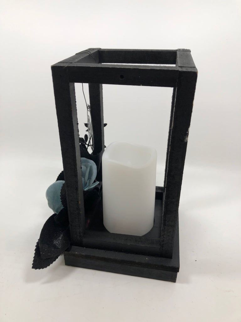 BLACK FLORAL "BOO" CANDLE LANTERN.