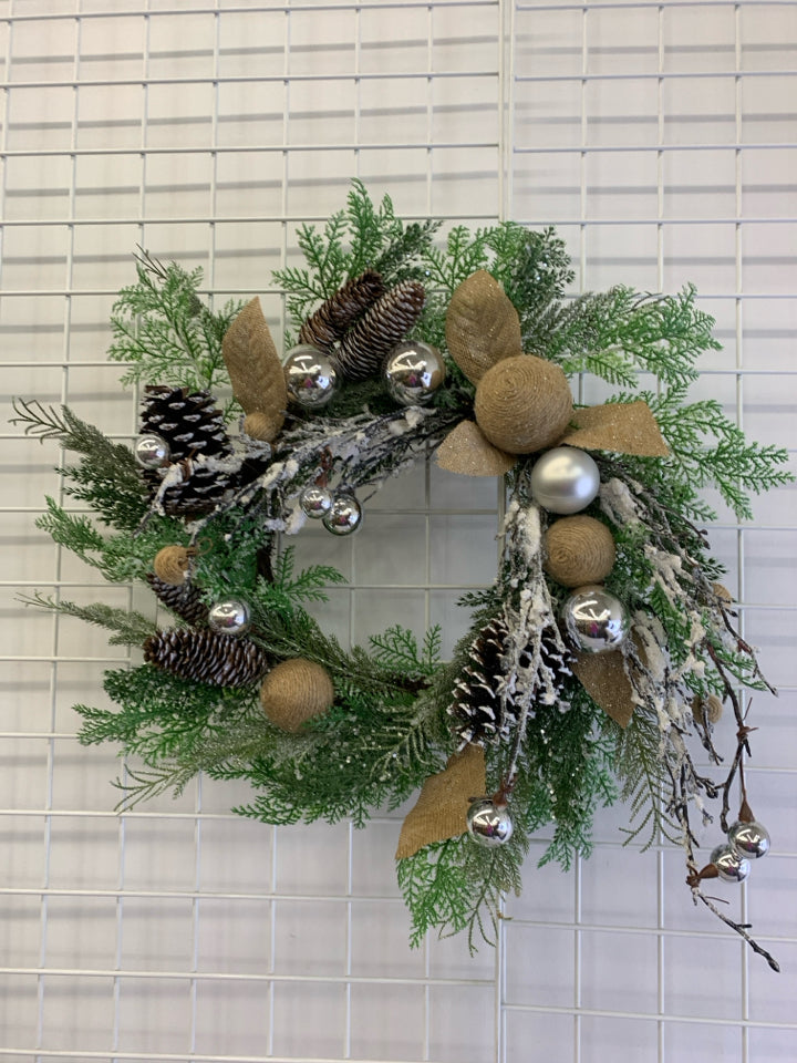 FROSTED FAUX PINE WREATH SILVER BALLS.