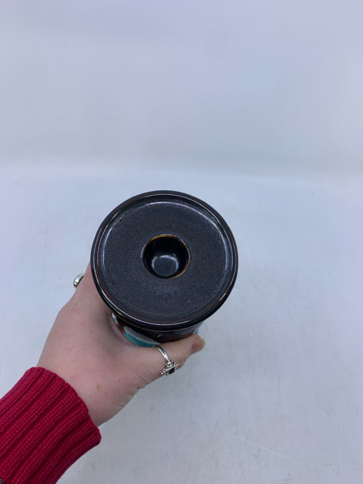 LIGHT BLUE/BROWN CERAMIC TAPER/PILLAR CANDLE HOLDER.