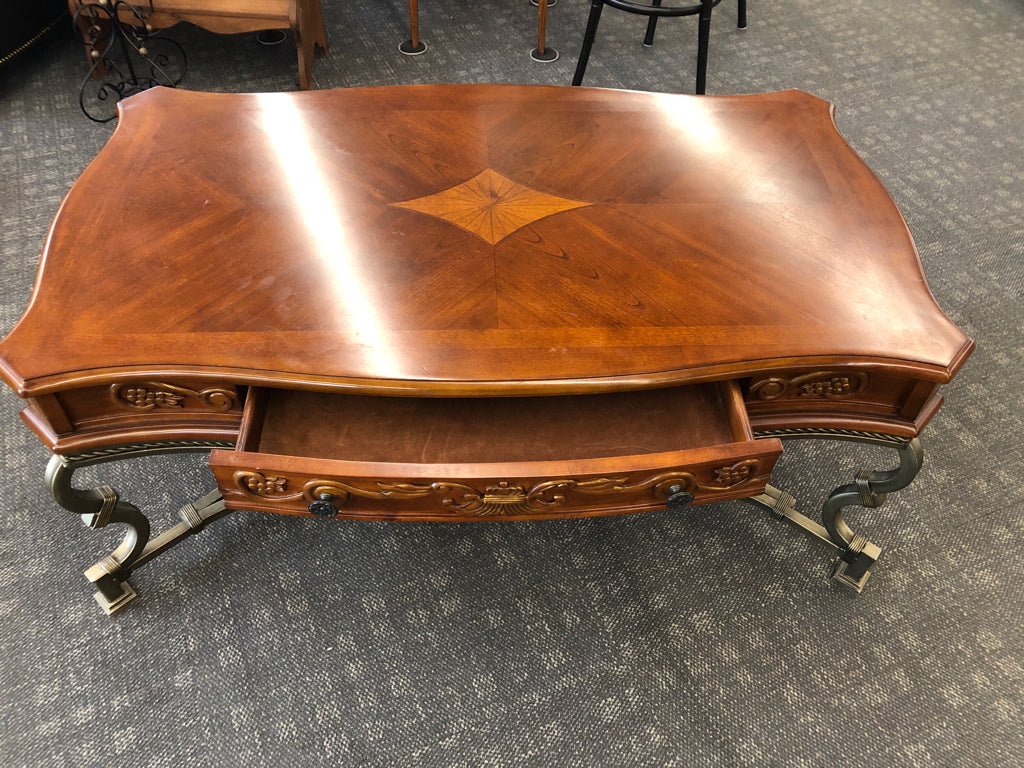 METAL BASE COFFEE TABLE, WOOD INLAY TOP W/2 CARVED DRAWERS.