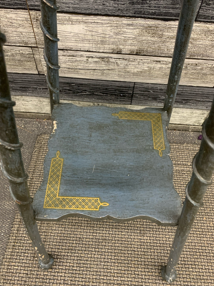 BLUE PAINTED SQUARE SIDE TABLE W/GOLD ACCENTS.