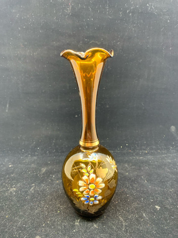 VTG BROWN GLASS PAINTED VASE.