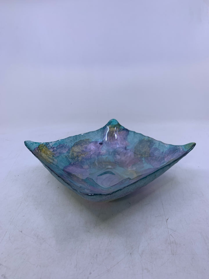 SQUARE GLASS BOWL W/ SPARKLE TEAL PURPLE YELLOW.