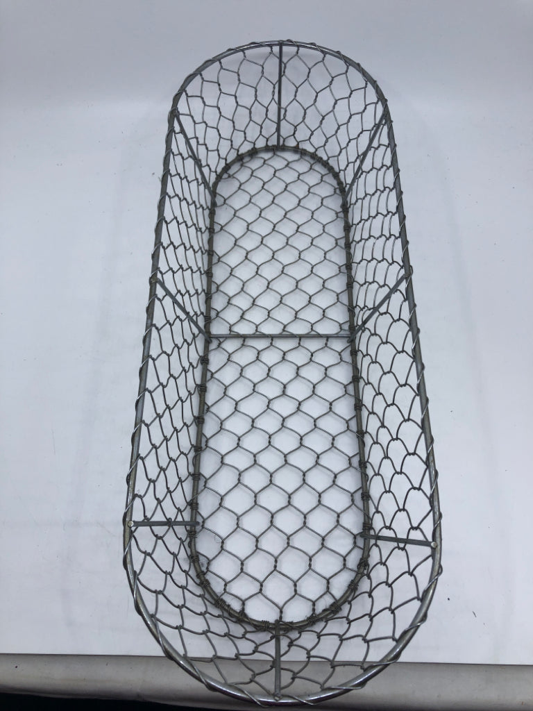 OVAL SILVER CHICKEN WIRE BASKET.