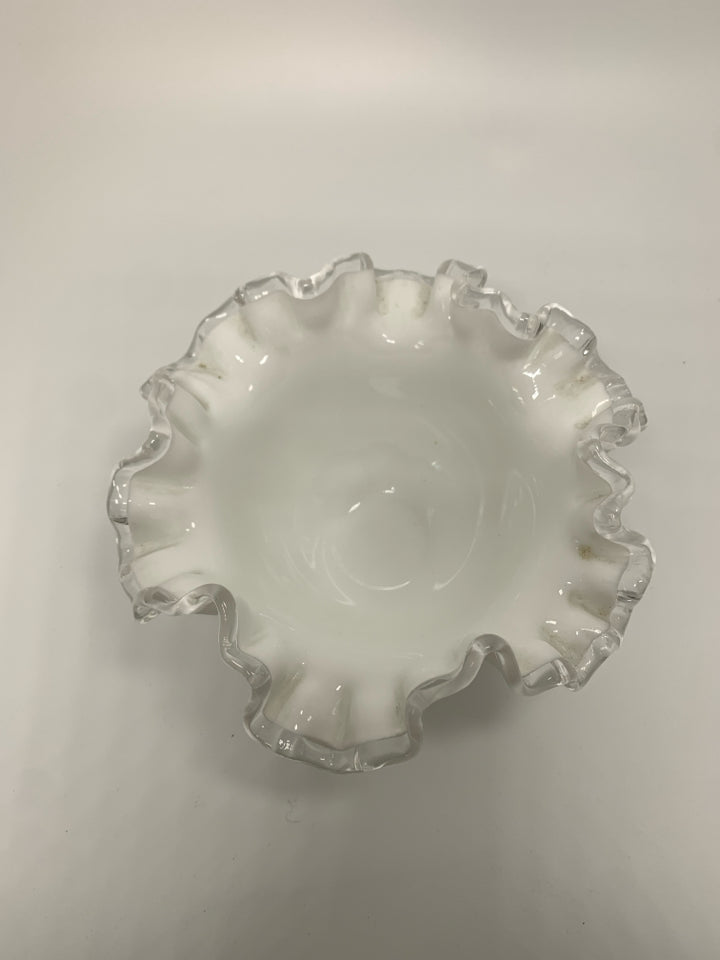 FOOTED MILK GLASS CANDY DISH W/ RUFFLED EDGE.