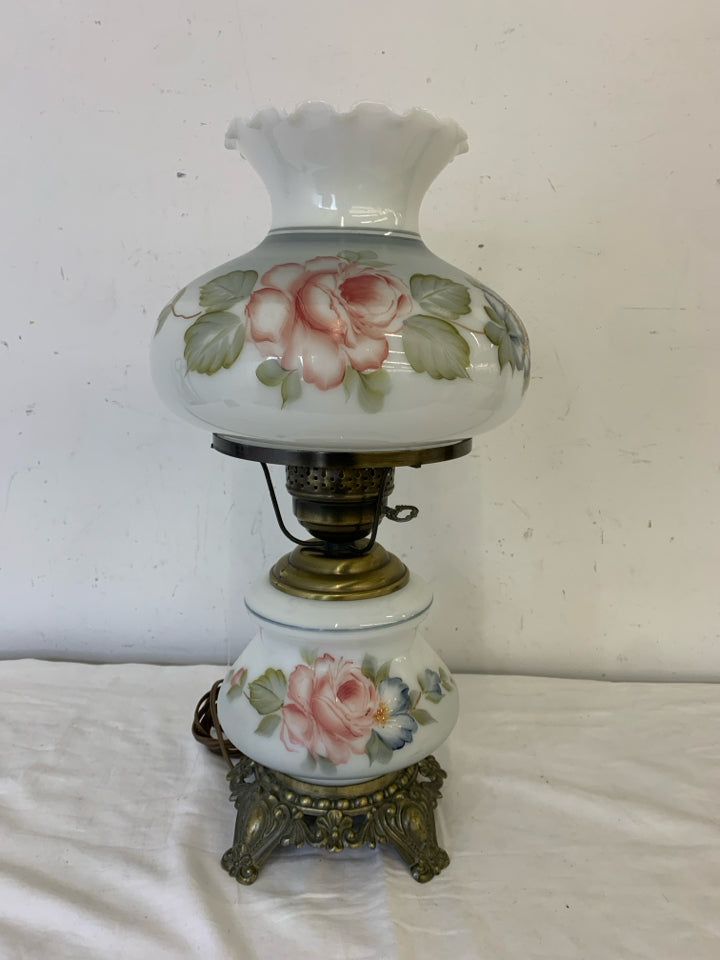 VTG WHITE GLASS HURRICANE LAMP W/ PAINTED BLUE FLOWERS 3 WAY.