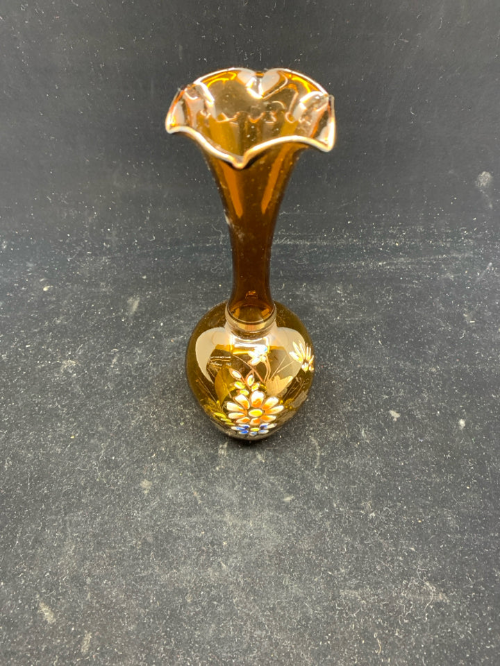 VTG BROWN GLASS PAINTED VASE.