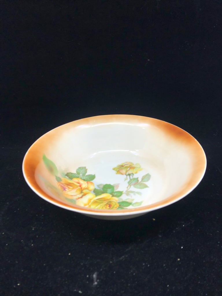 GERMAN SERVING BOWL W/ YELLOW ROSES BROWN RIM.