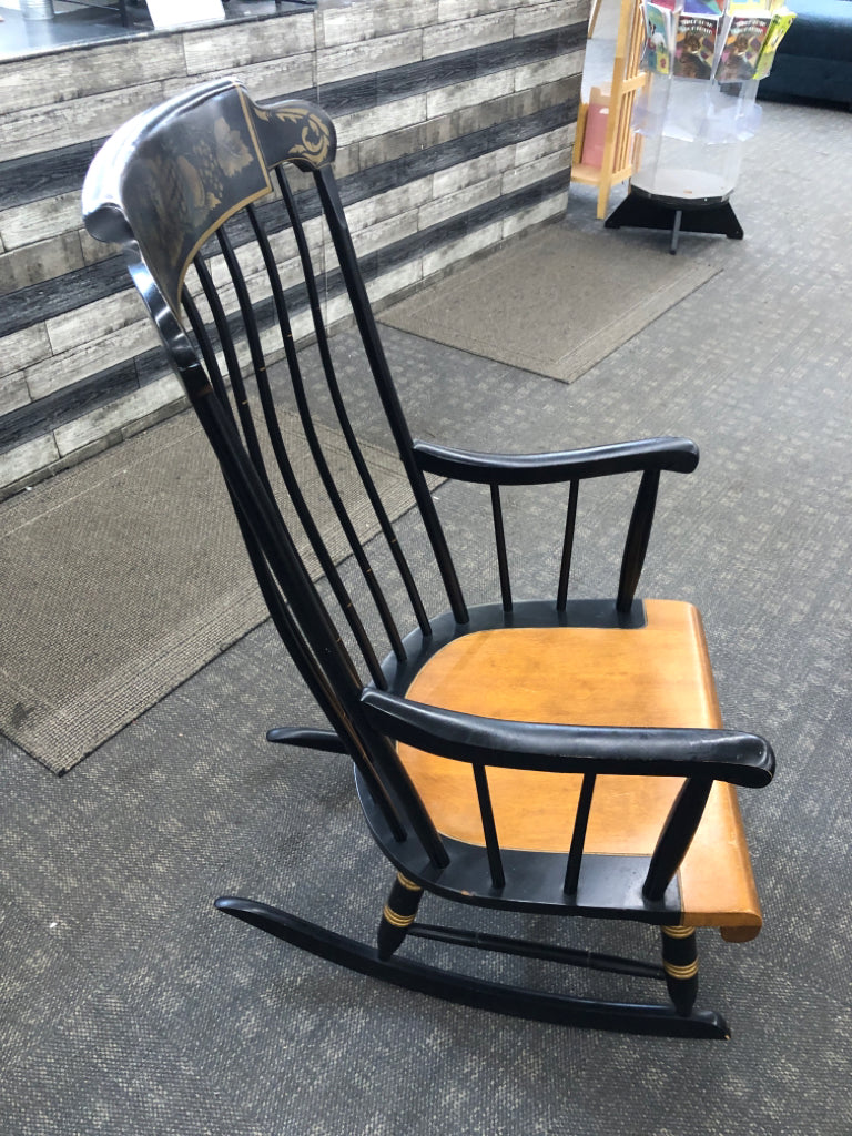 VTG BLACK WOODEN ROCKING CHAIR W/PAINTED FRUITS.