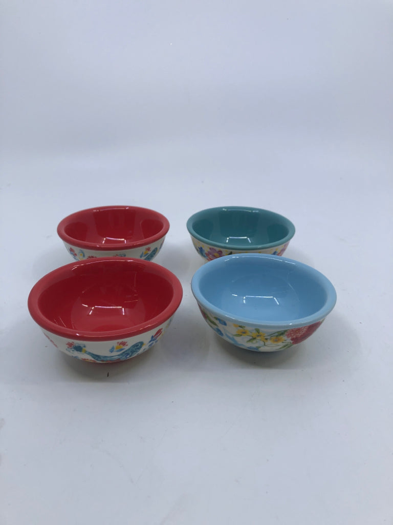 4 TEAL & RED FLORAL CONDIMENT BOWLS.