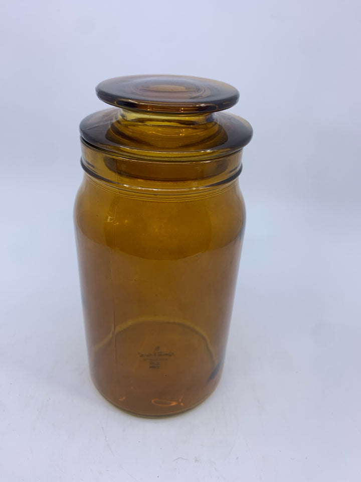BROWN GLASS CANISTER W LID.