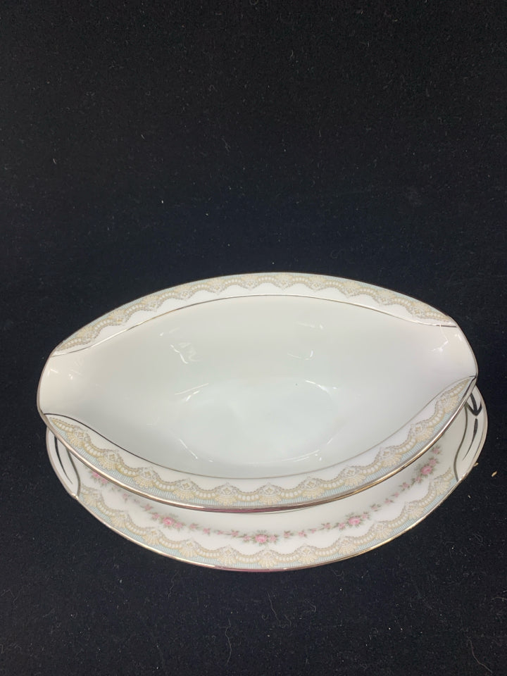 OVAL GRAVY BOAT W/ PINK ROSES RIM NORITAKE CHINA.