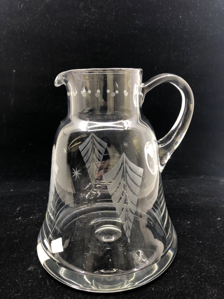 CLEAR GLASS PITCHER W/ ETCHED DESIGNS+STARS.