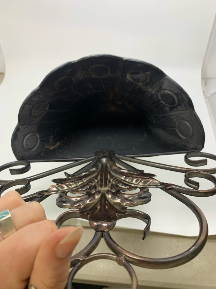 DARK METAL LARGE SCROLL WALL POCKET/VASE.