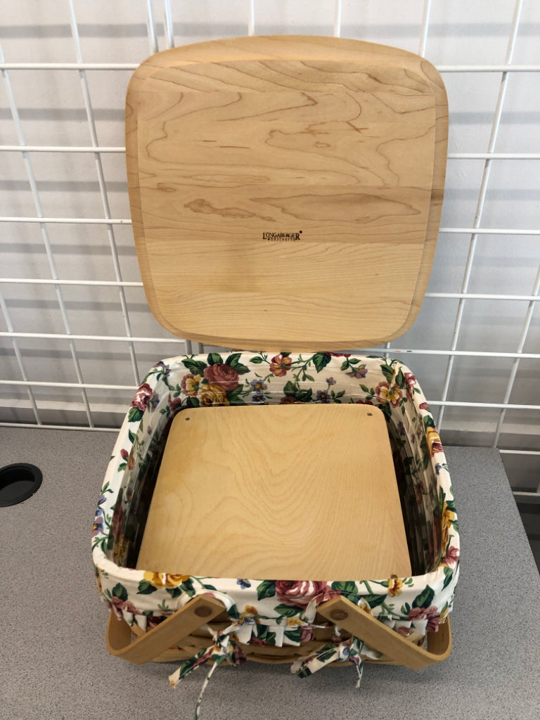 FLORAL LINED LONGABERGER BASKET W/STAND & COVER.