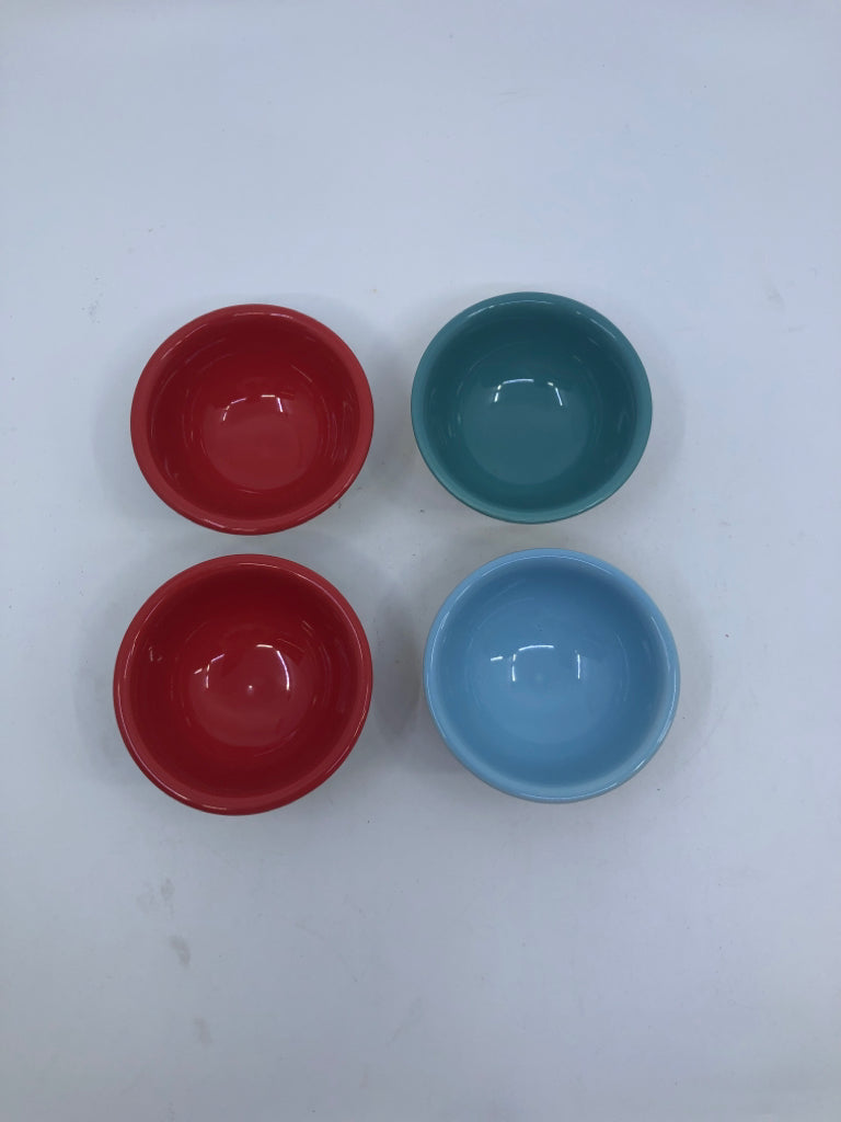 4 TEAL & RED FLORAL CONDIMENT BOWLS.