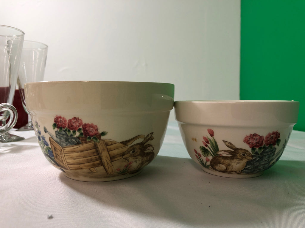 2 BUNNY W FLORAL NESTING BOWLS.
