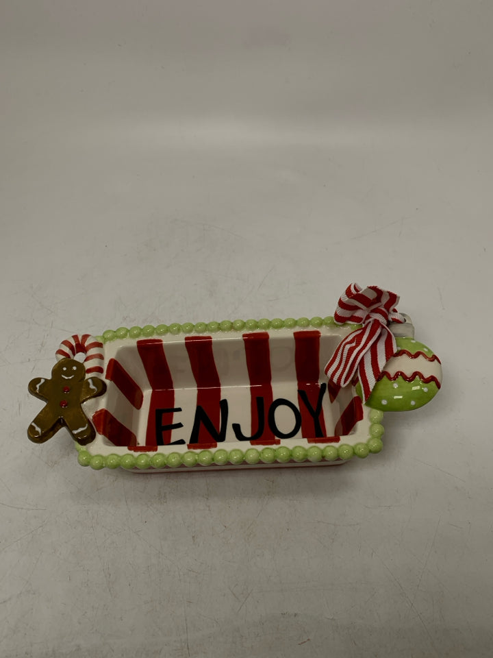SMALL "ENJOY" MINI LOAF PAN STRIPED W/ GREEN BEADED EDGE MUDPIE.