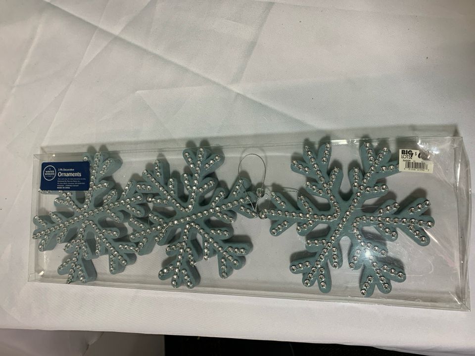3 BLUE SNOWFLAKE ORNAMENTS.