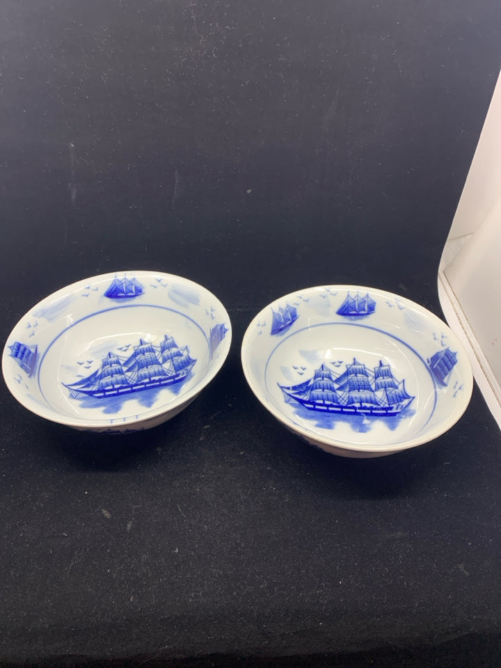 2 BLUE AND WHITE SHIP SERVING BOWLS.