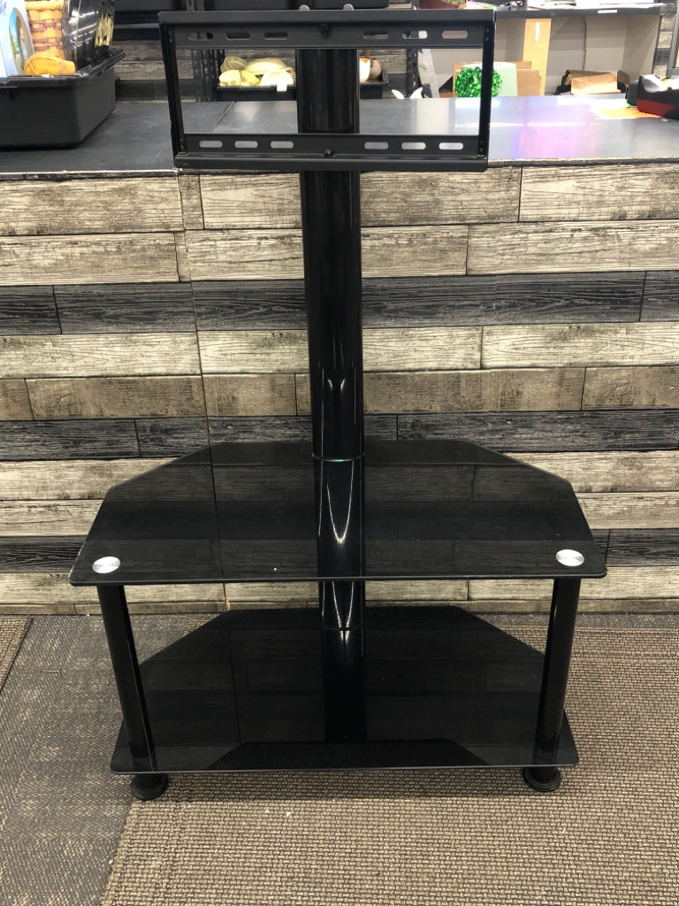 TV STAND BLACK GLASS/METAL W 2 SHELVES.