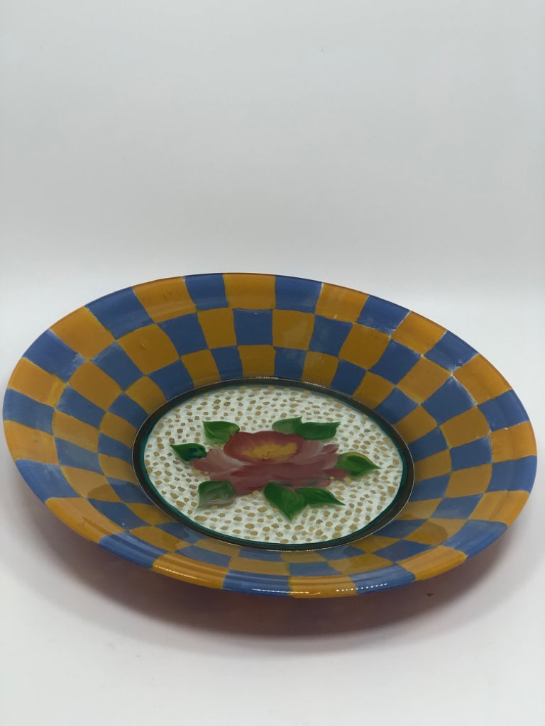 VTG MACKENZIE CHILDS CIRCUS ROSE FLORAL CHECK GLASS SERVER.