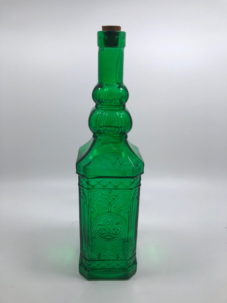 TALL EMERALD GLASS DECORATIVE BOTTLE W/CORK.