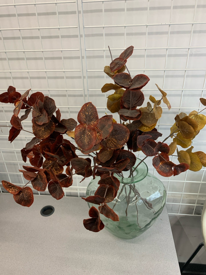 LG FLOOR VASE W GOLD/RED FROSTED PLANTS.